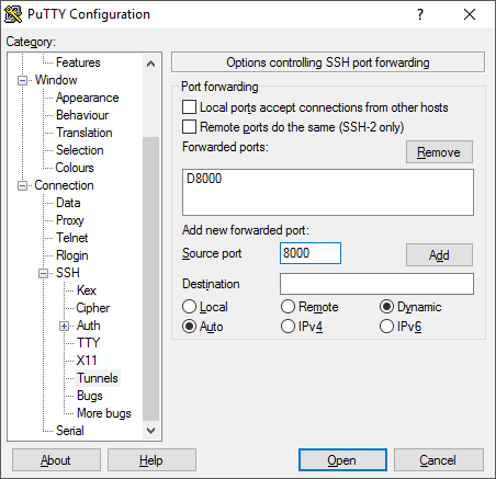 PuTTY (tunnels configuration).