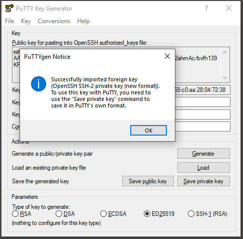 The new key can be loaded into PuTTY.