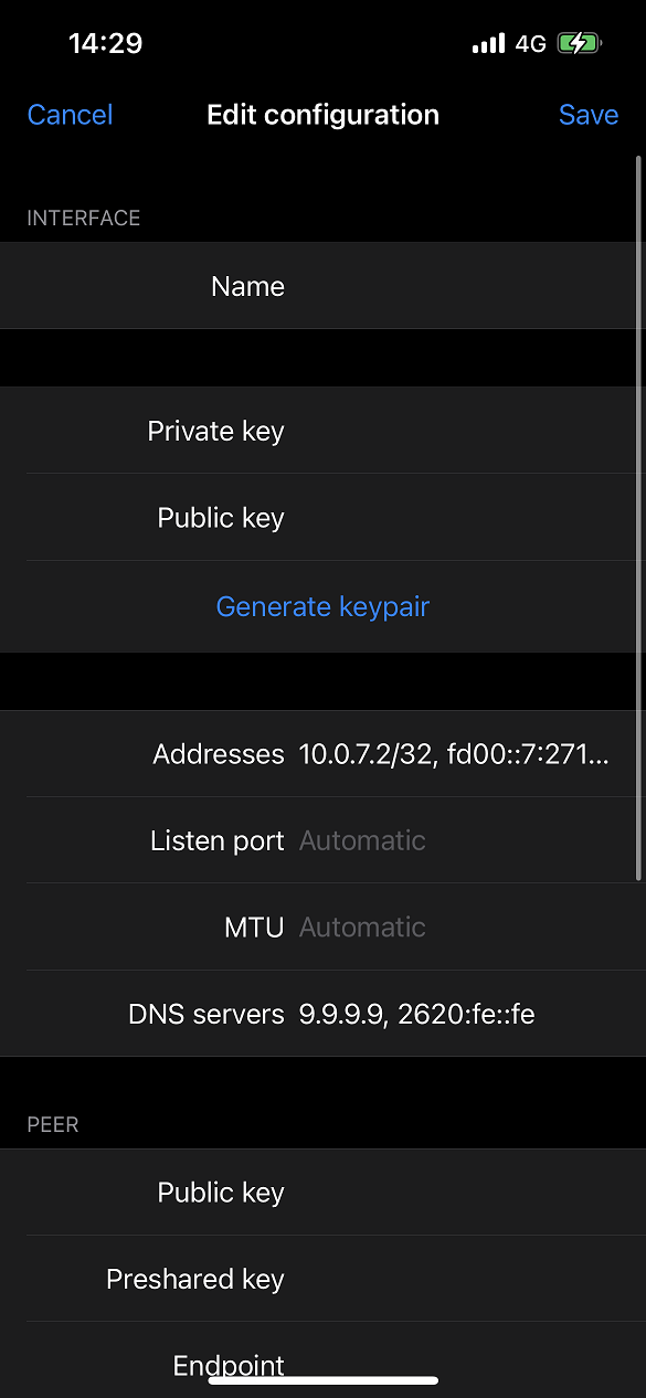 WireGuard for iOS, interface configuration.